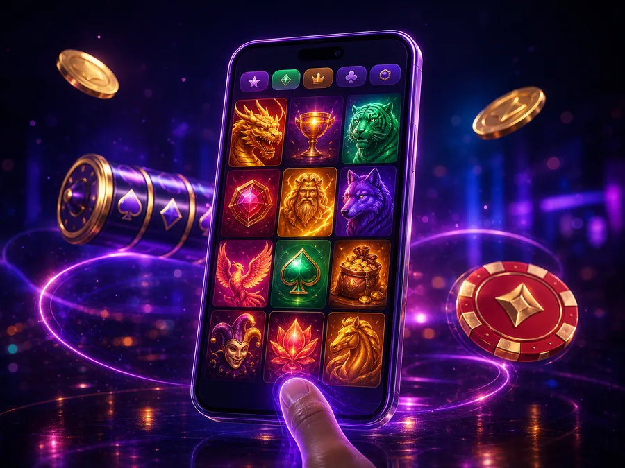 Mobilni lobi Bizzo Casino v brskalniku telefona s kategorijami iger